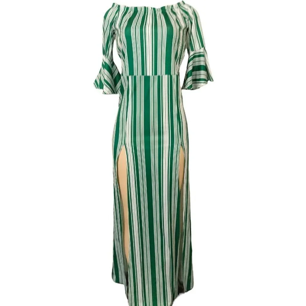 PL51458 Off The Shoulder Flare Sleeve Striped Maxi Dress - Picture 6 of 9